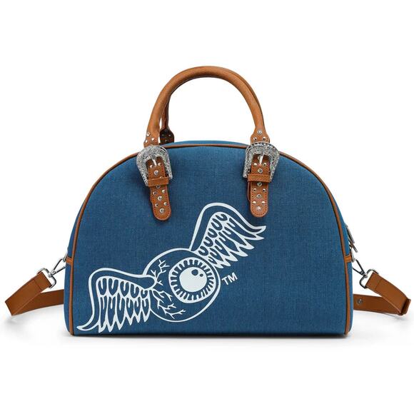 Von Dutch Denim Blue Brown Bowling Bag Large Studded Handle Duffel 16" x 12" - Picture 9 of 10